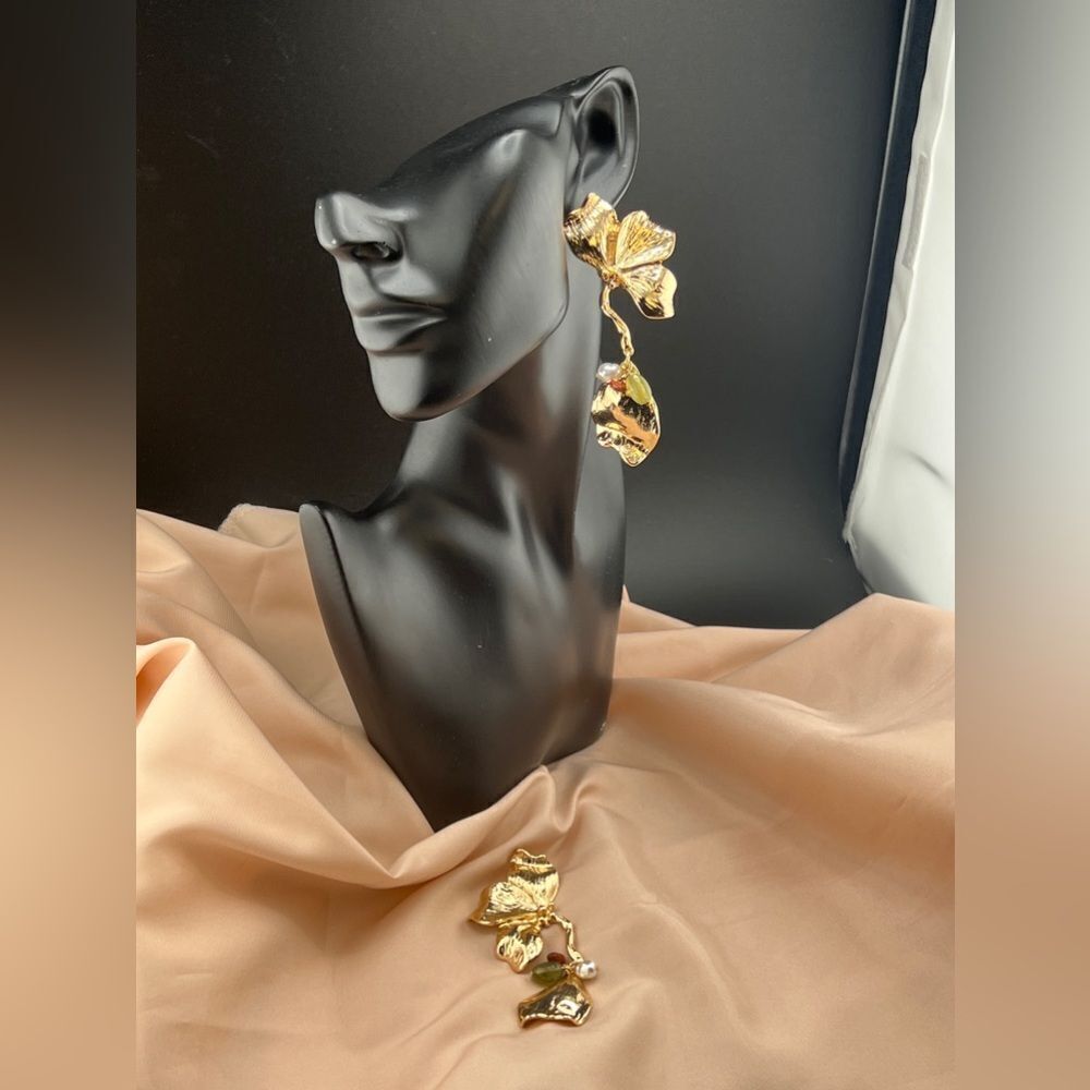 Gold Orchid Drop Earrings with Multicolor Beads - Picture 8 of 10